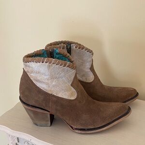 Brown Suede Western Ankle Booties with Cream Upper and Teal Lining